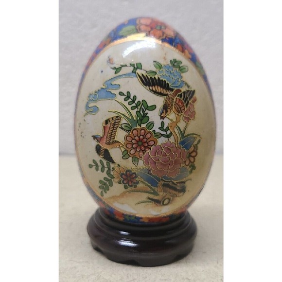 Golden Accented Oriental Birds Flowers Textured Porcelain Ceramic Egg with Stand - Picture 1 of 11
